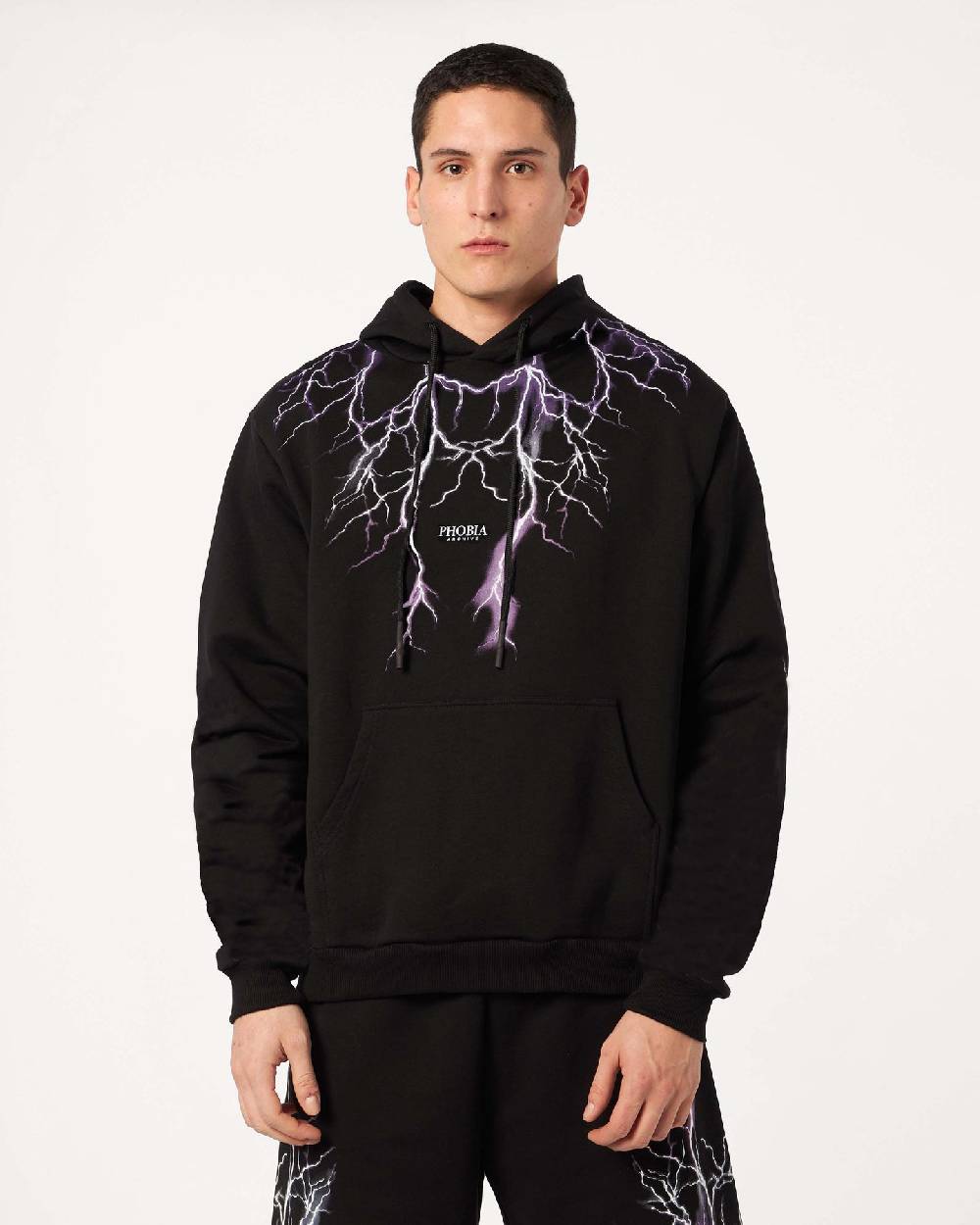 Phobia Archive FELPA CON CAPPUCCIO NERA CON FULMINI VIOLA GRIGIO FUCHSIA Solo un giorno rimasto