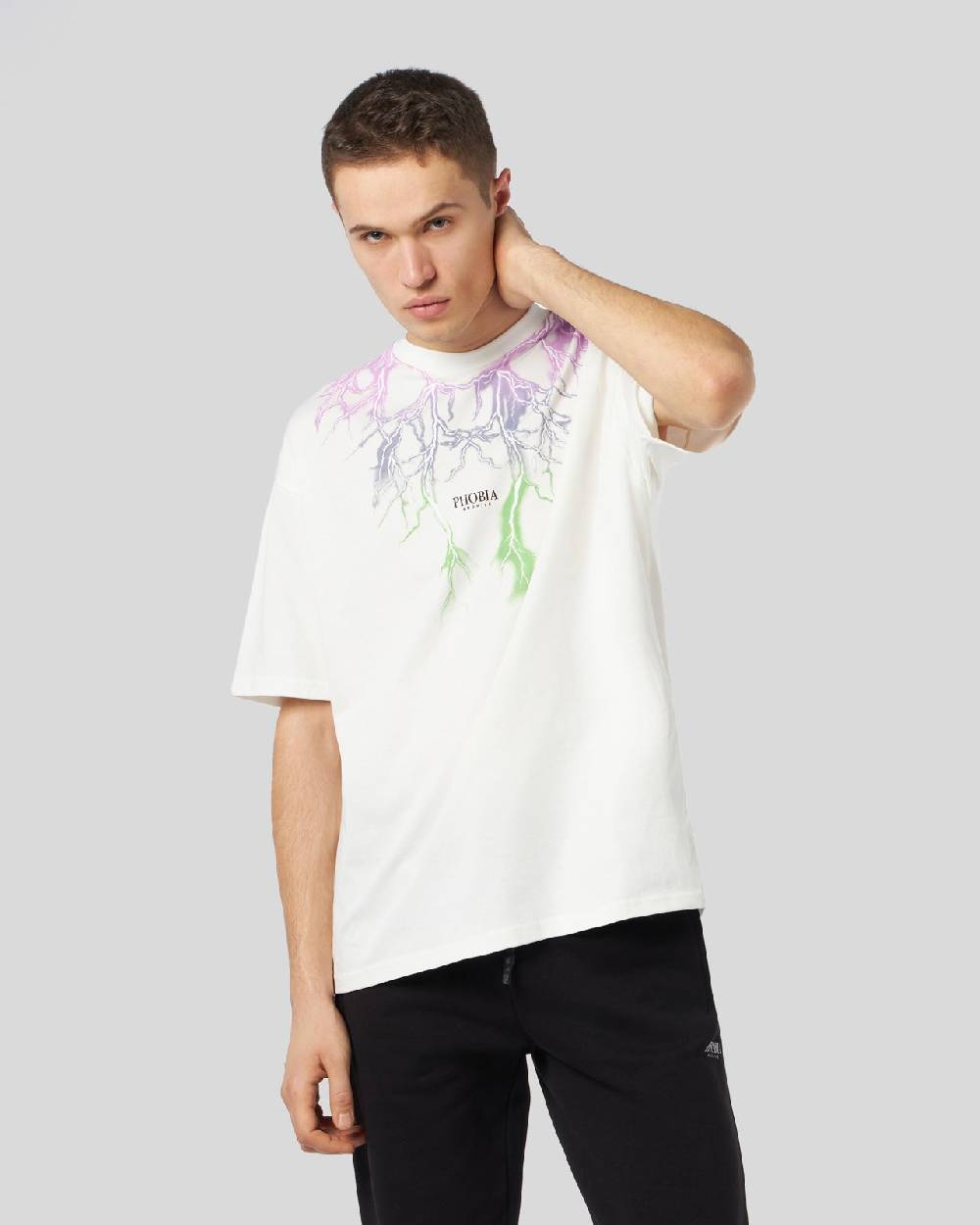 Phobia Archive T-SHIRT BIANCA CON FULMINI BICOLORE VIOLA E VERDE Offerta per la Festa della Mamma