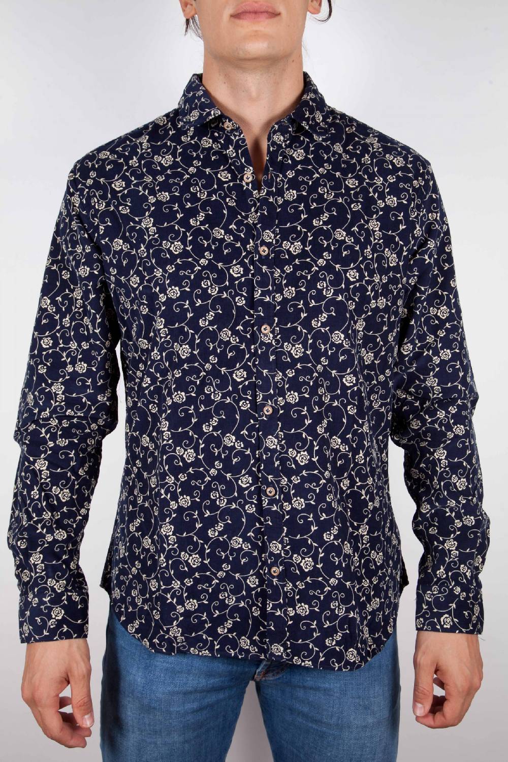 Poggianti Camicia Fantasia su riga Blu Collo Italiano Acquista Ora