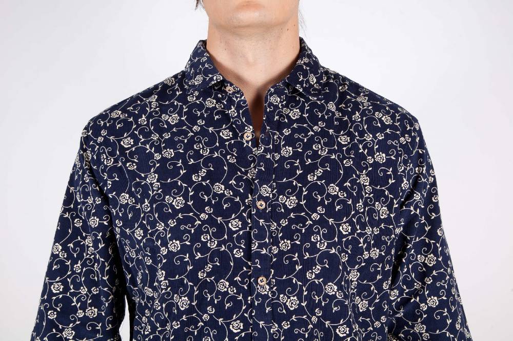 Poggianti Camicia Fantasia su riga Blu Collo Italiano Acquista Ora