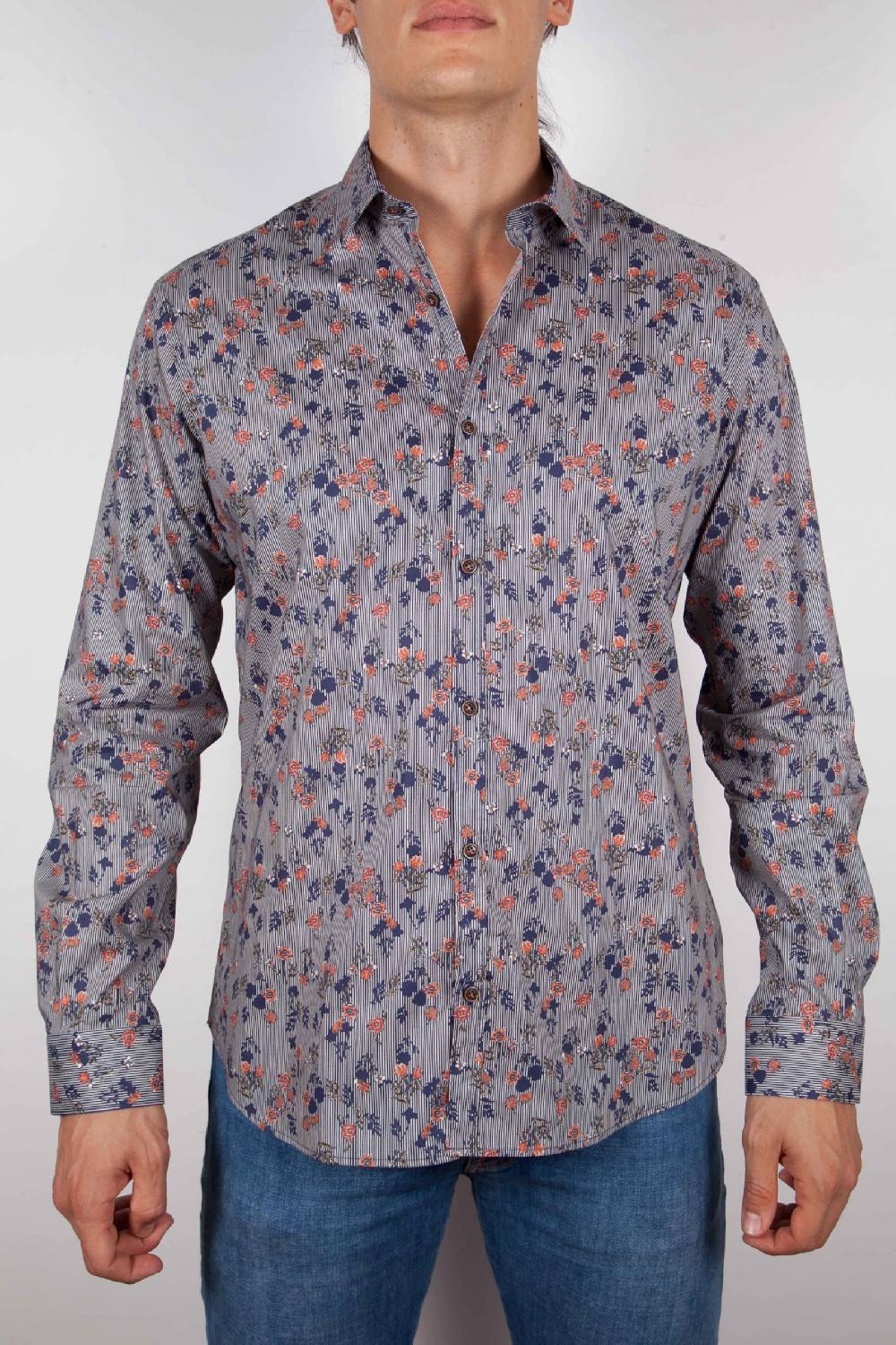 Poggianti Camicia Fantasia su riga Blu Collo Italiano Consegna Veloce