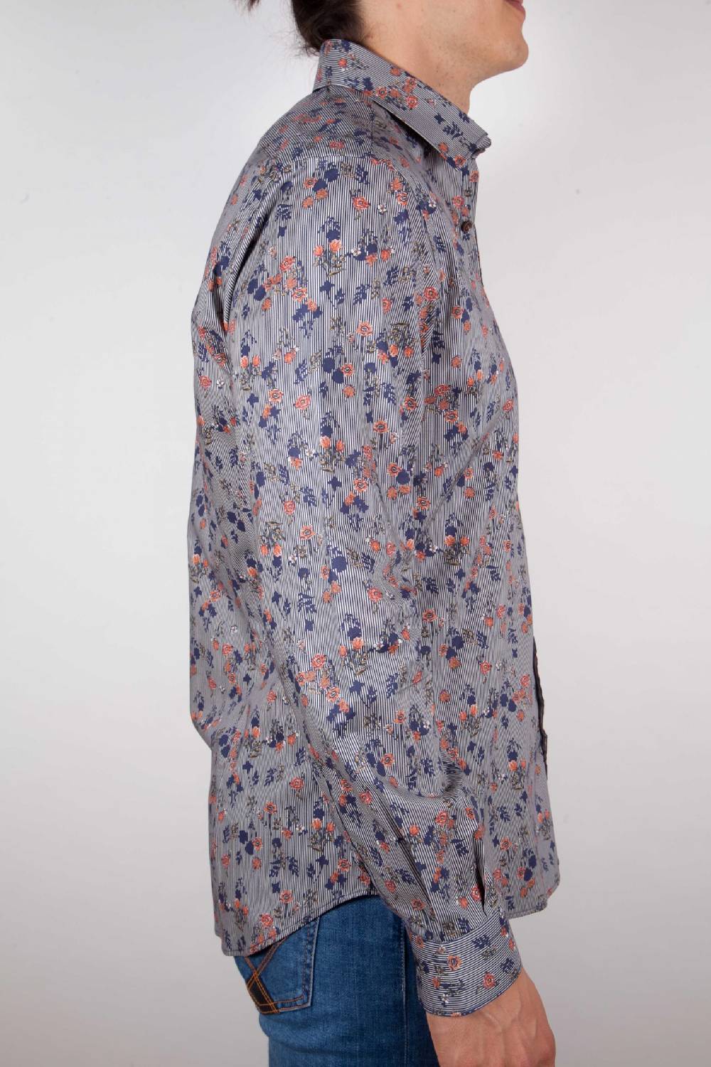 Poggianti Camicia Fantasia su riga Blu Collo Italiano Consegna Veloce
