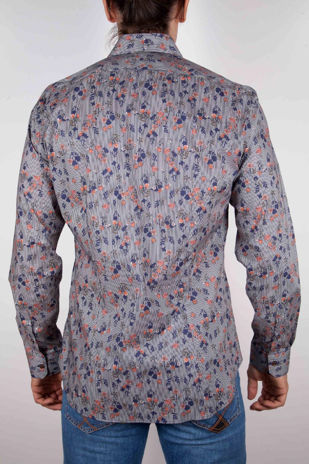 Poggianti Camicia Fantasia su riga Blu Collo Italiano Consegna Veloce