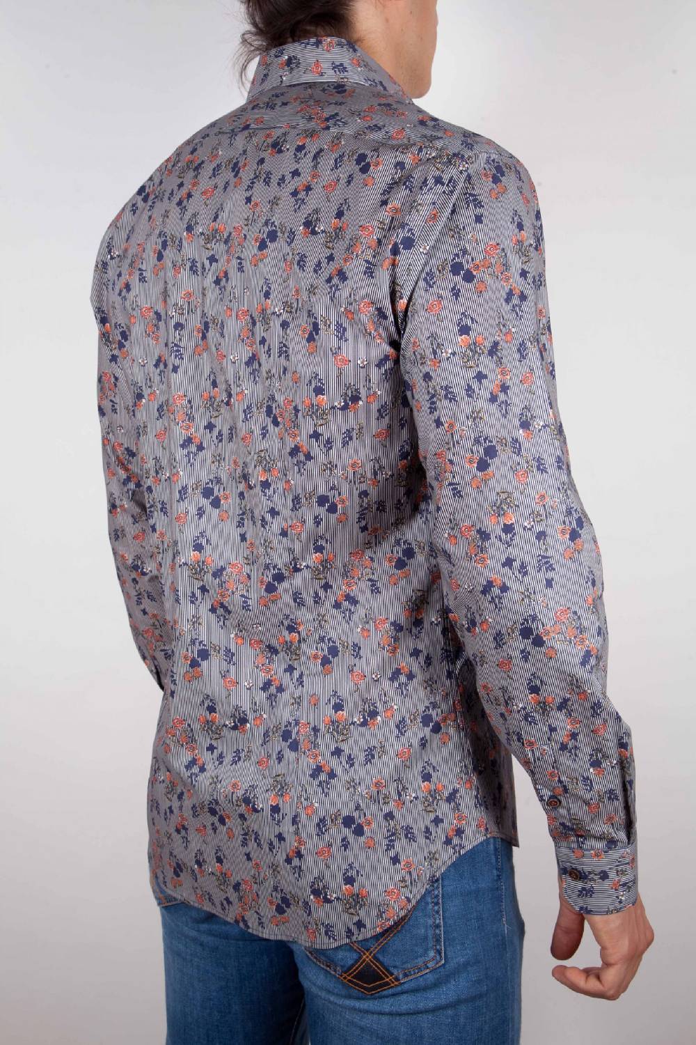 Poggianti Camicia Fantasia su riga Blu Collo Italiano Consegna Veloce