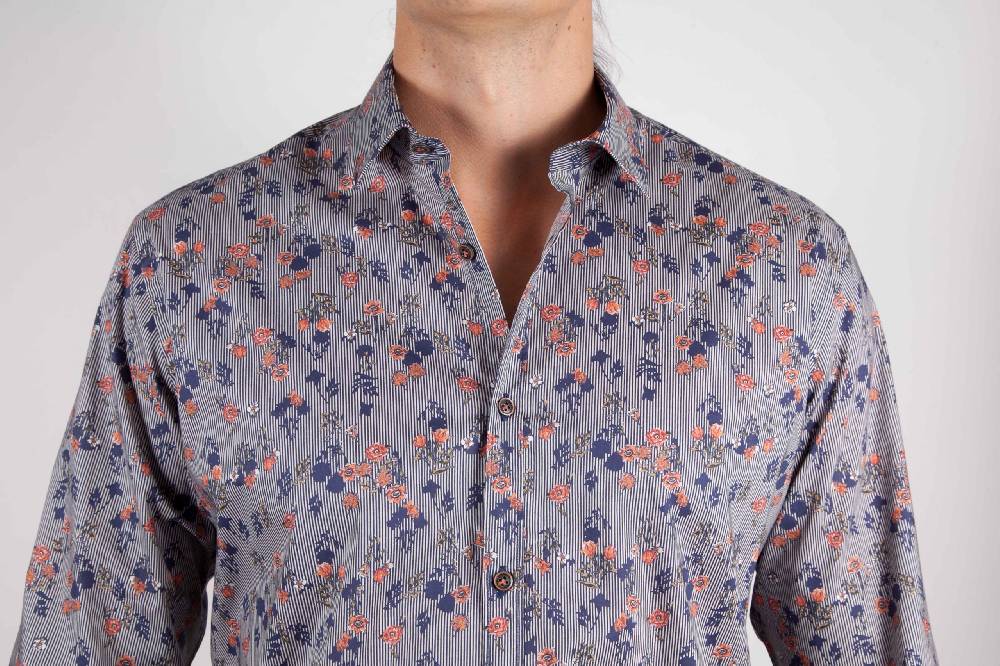 Poggianti Camicia Fantasia su riga Blu Collo Italiano Consegna Veloce