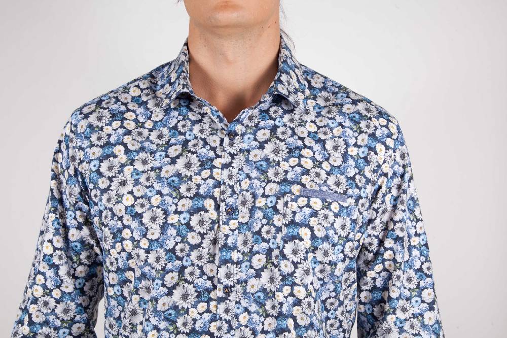 Poggianti Camicia Fantasia Blu Collo Italiano Promozione Limitata