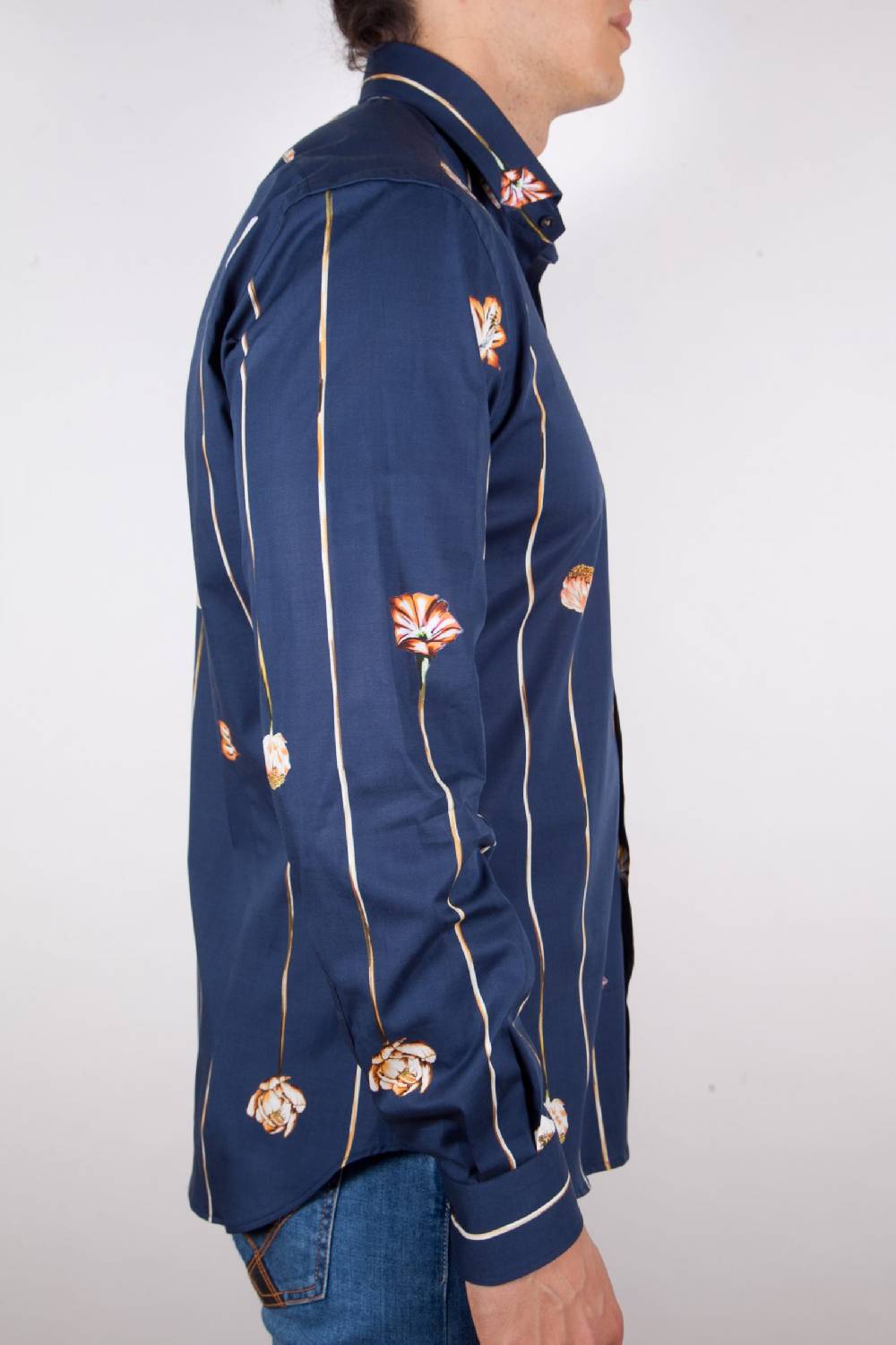 Poggianti Camicia Fantasia Blu Collo Francese Fino Al -60%