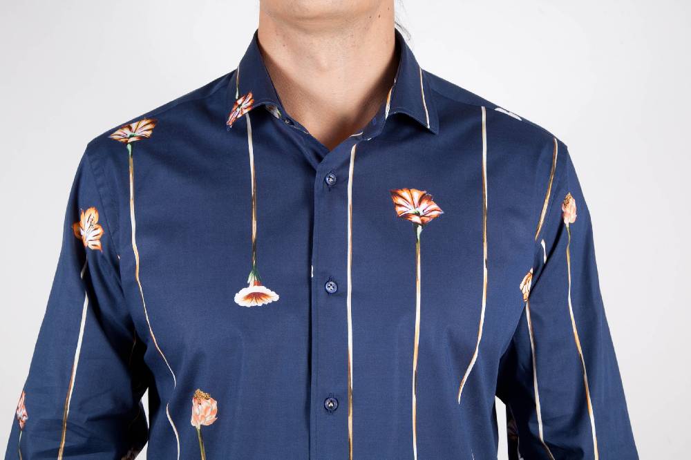 Poggianti Camicia Fantasia Blu Collo Francese Fino Al -60%