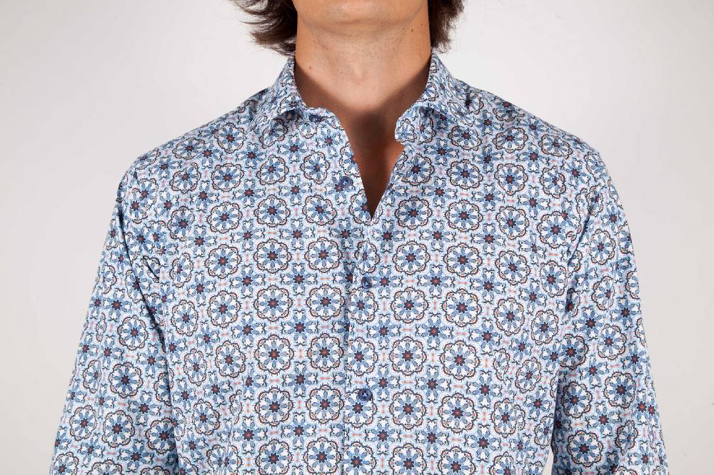 Poggianti Camicia Fantasia Collo Morbido Azzurra Novità