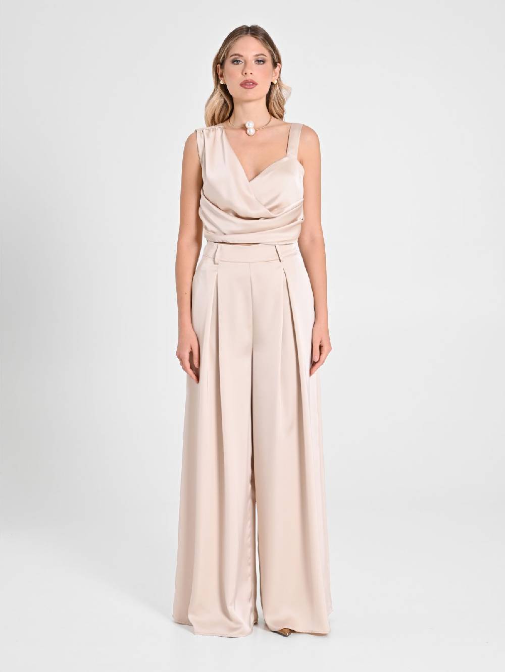 Rinascimento Pantaloni Palazzo in Satin Beige Latest stili