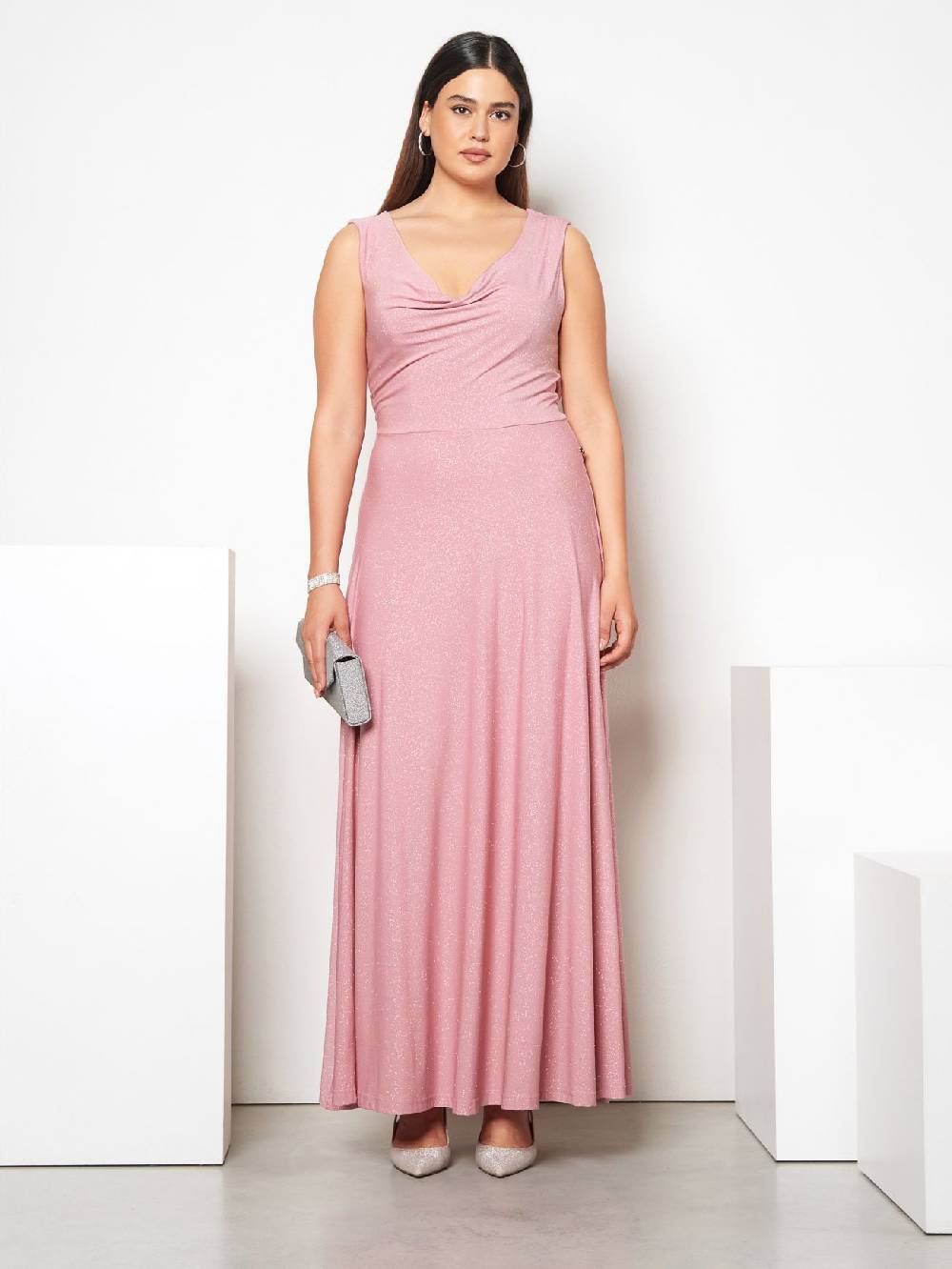 Rinascimento Abito Curvy Lungo Microglitter Rosa Enormi sconti