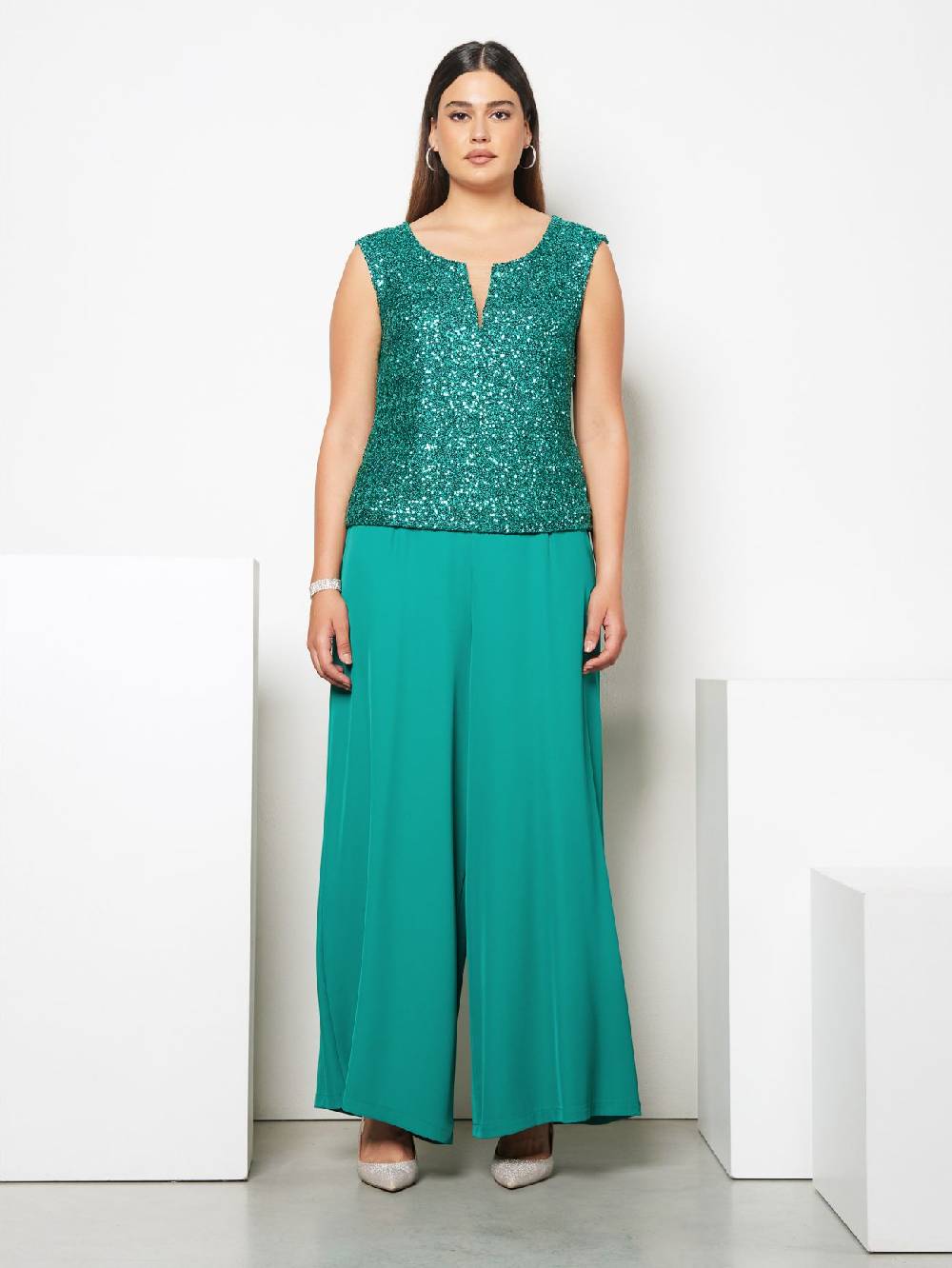 Rinascimento Pantaloni Palazzo Curvy Verde Giada Esporta salva
