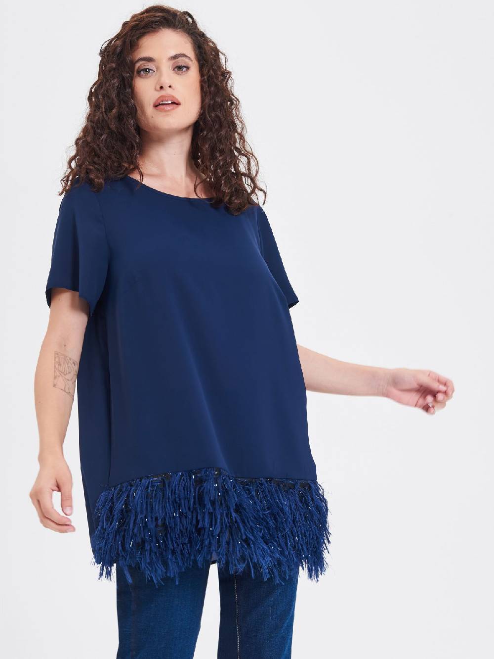 Rinascimento Blusa Curvy con Piume Lurex Vendita calda