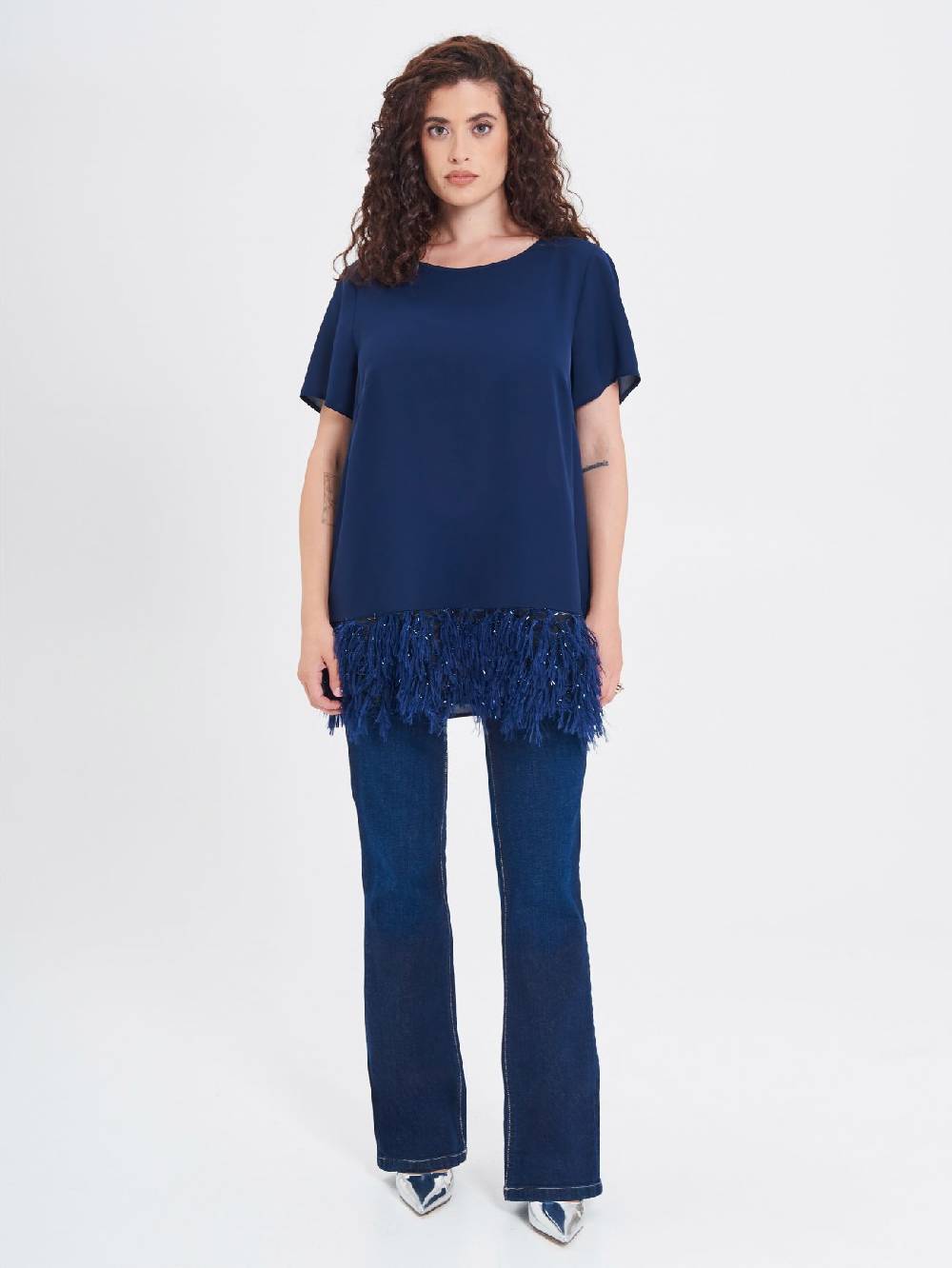 Rinascimento Blusa Curvy con Piume Lurex Vendita calda