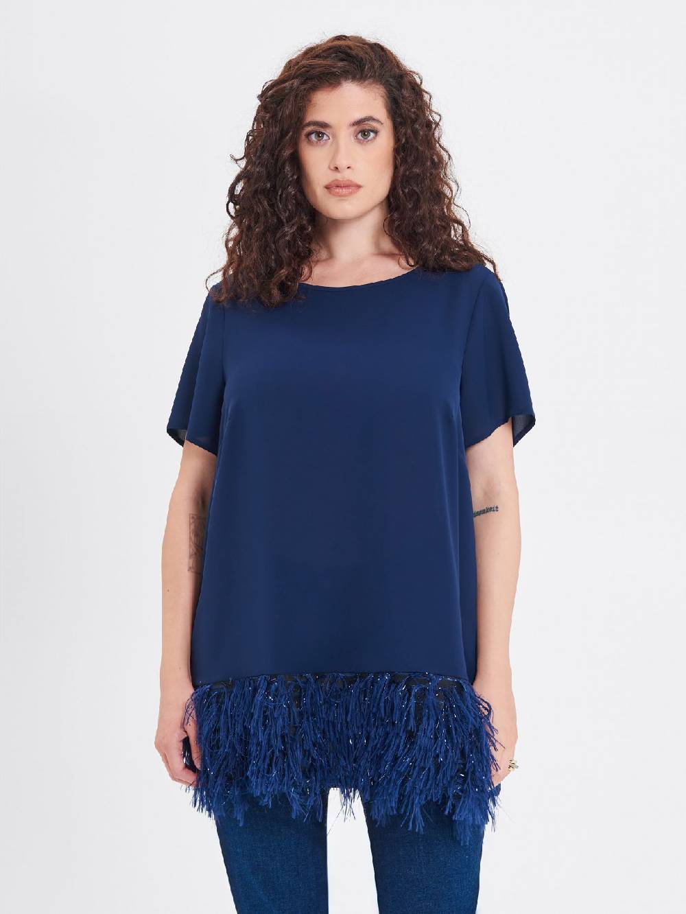 Rinascimento Blusa Curvy con Piume Lurex Vendita calda