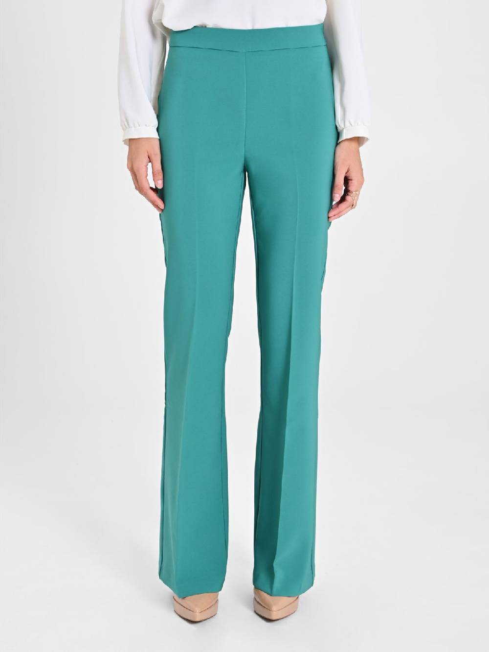 Rinascimento Pantaloni Flared in Tessuto Tecnico Verde Giada Donna Trasporto libero internazionale