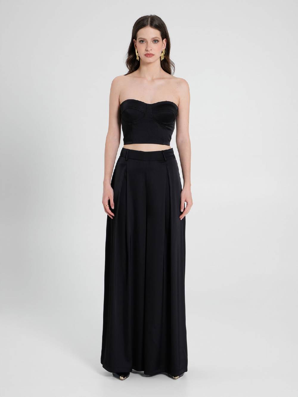 Rinascimento Pantaloni Palazzo in Satin Nero Negozio online di fabbrica