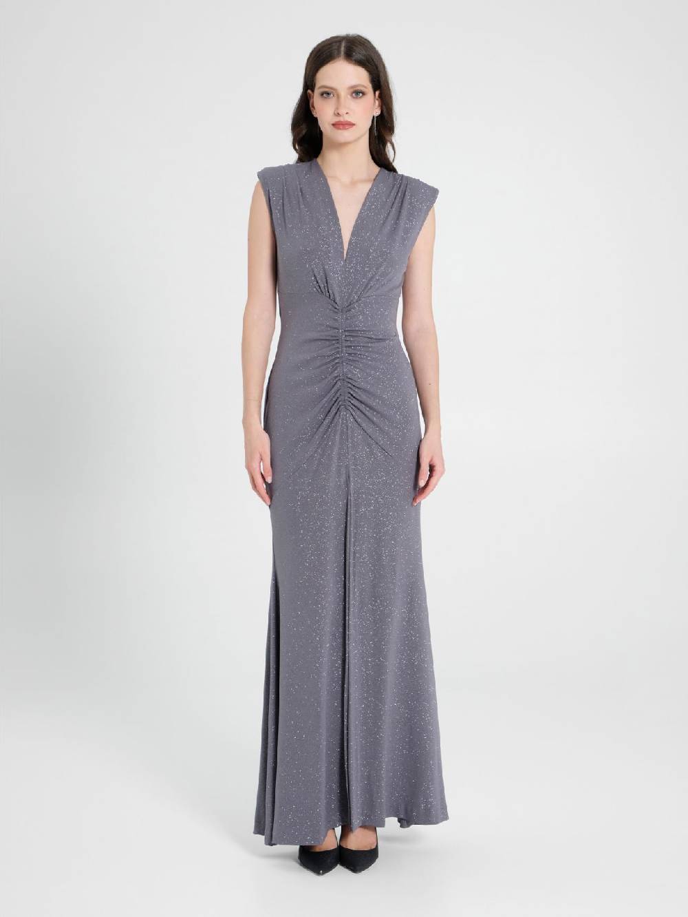 Rinascimento Abito Arriccio Microglitter Grigio Donna Vendita calda
