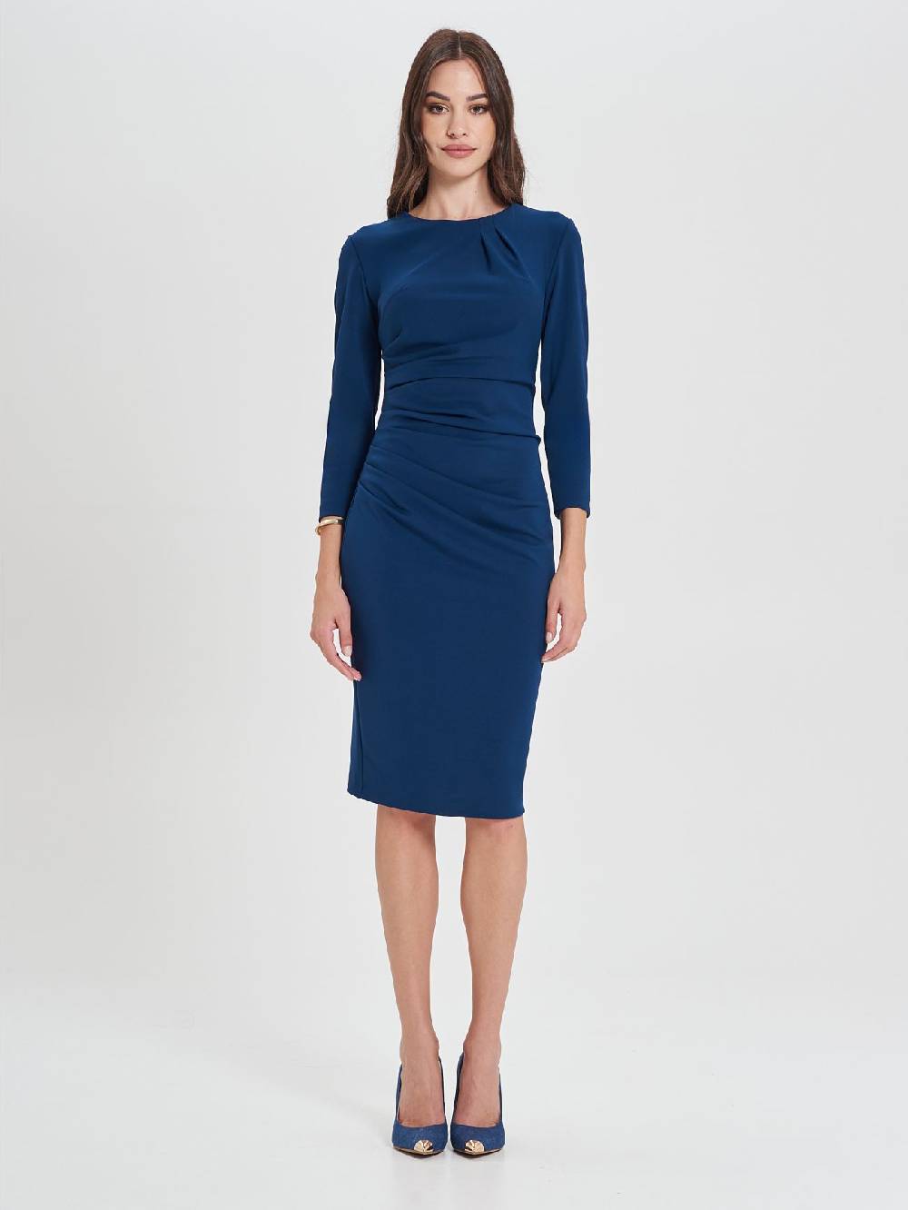 Rinascimento Tubino Drappeggiato Blu a Maniche Lunghe Offerte esclusive