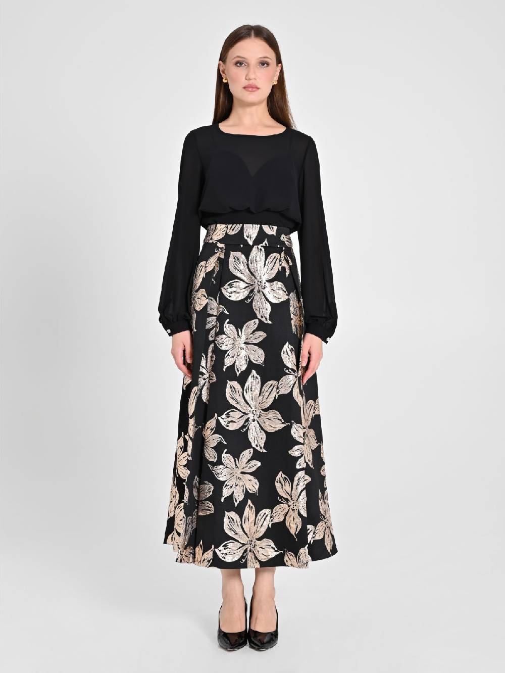 Rinascimento Gonna Fiori Dorati Jacquard Sostegno trimestrale