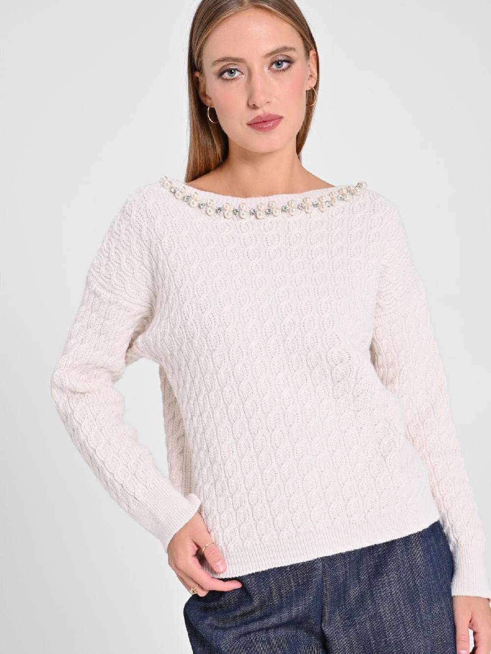 Rinascimento Maglione Bianco scollo Perle Novità