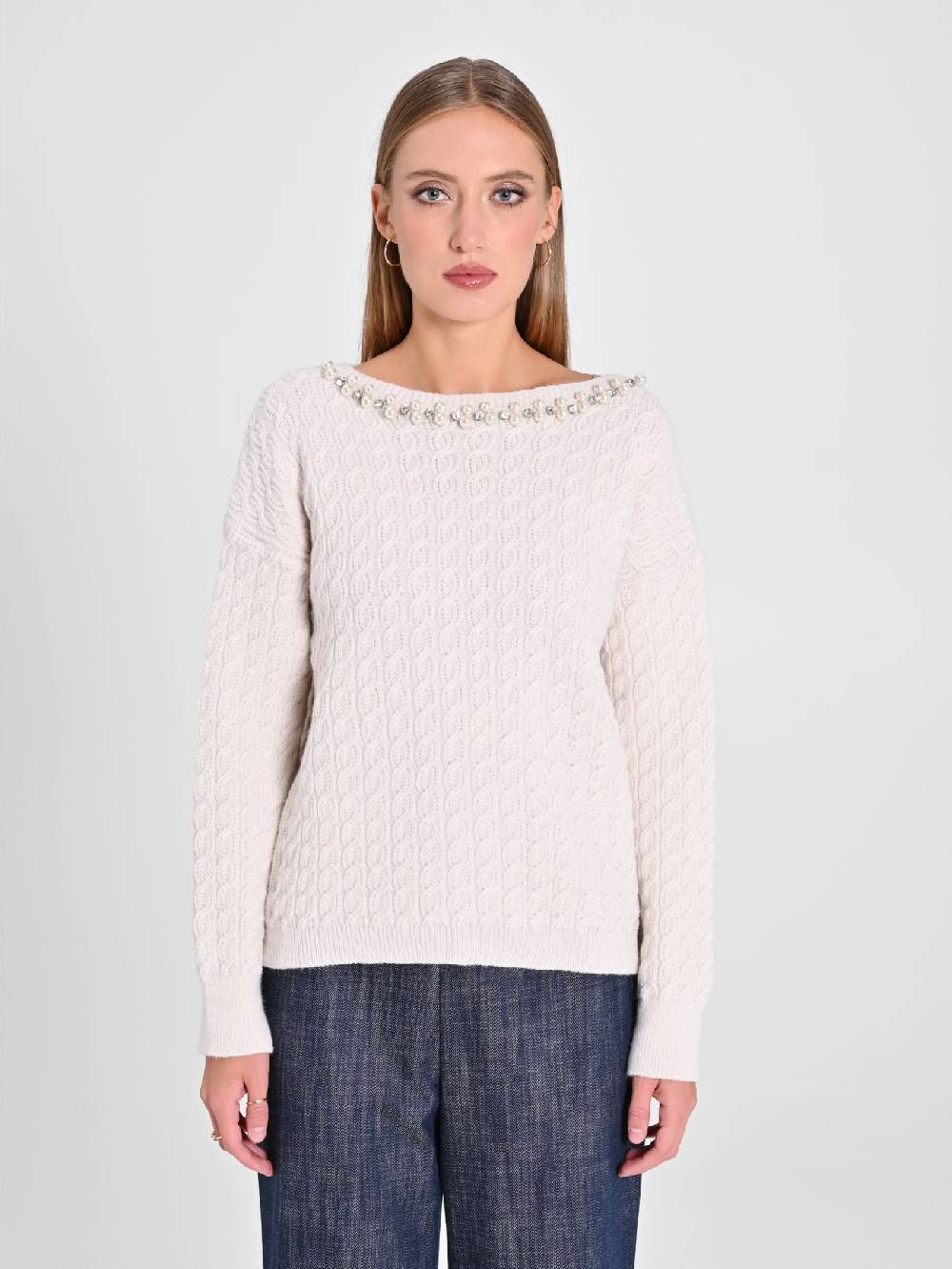 Rinascimento Maglione Bianco scollo Perle Novità