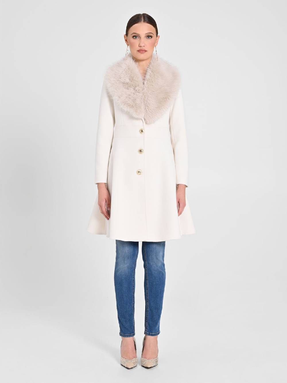 Rinascimento Cappotto Bianco con Collo effetto Pelliccia Bestseller