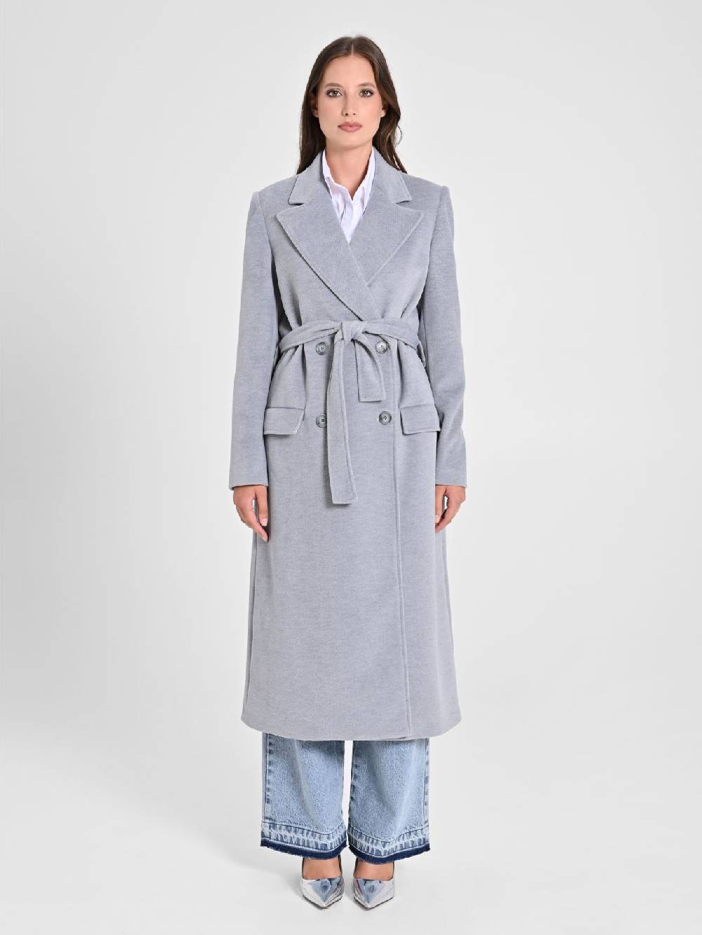 Rinascimento Maxi Cappotto Grigio con Cintura Offerte esclusive