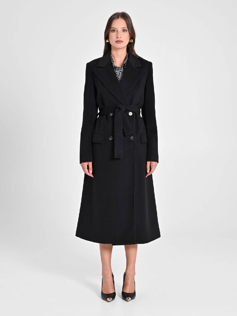 Rinascimento Maxi Cappotto Nero con Cintura Grandi sconti