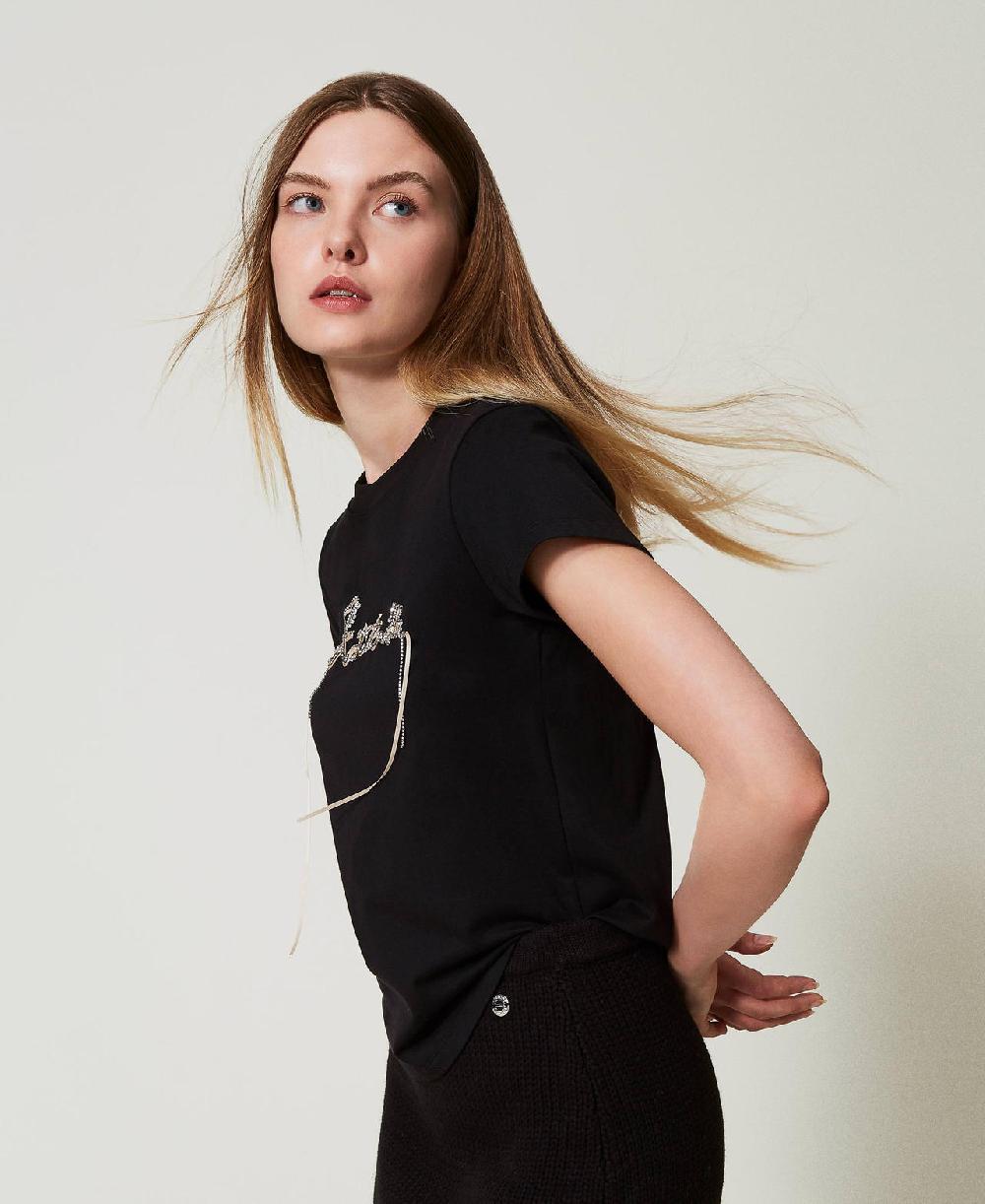Scee by twin set T-shirt con logo e strass Soddisfazione Garantita