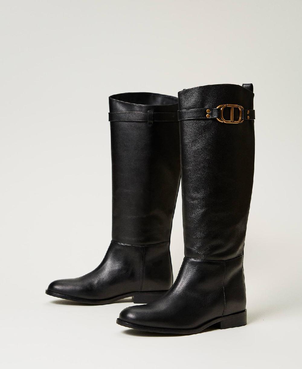 Scee by twin set Stivali alti in pelle con Oval T Presa
