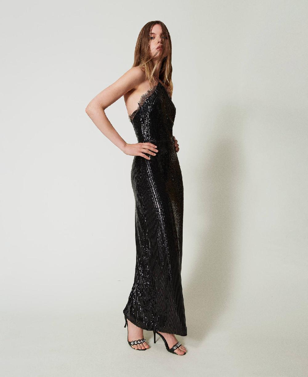 Scee by twin set Abito lungo in paillettes con pizzo Saldi