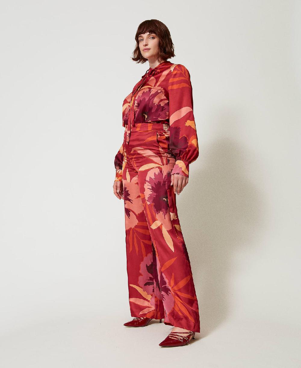 Scee by twin set Pantaloni wide leg in raso a fiori Negozio online di fabbrica