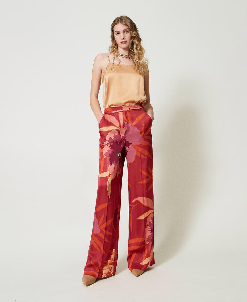 Scee by twin set Pantaloni wide leg in raso a fiori Negozio online di fabbrica