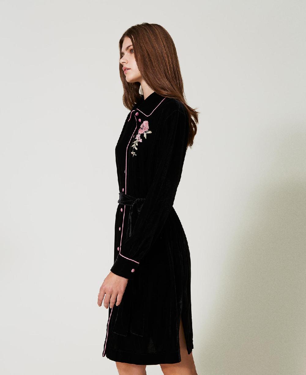 Scee by twin set Camicia da notte in velluto con ricamo Black Friday Prezzi