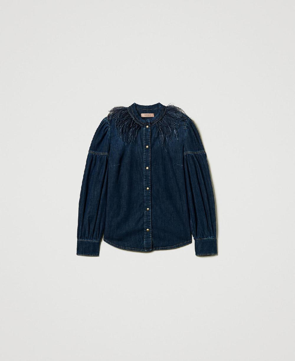 Scee by twin set Camicia in jeans con piume Offerta esclusiva