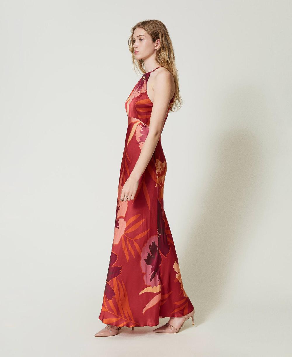 Scee by twin set Abito lungo in raso a fiori con scollo all'americana Hotsell