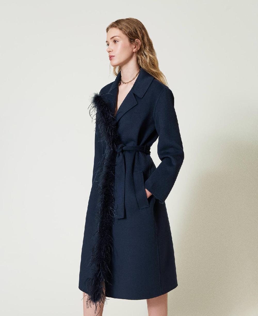 Scee by twin set Cappotto in panno double misto lana con piume In Saldo