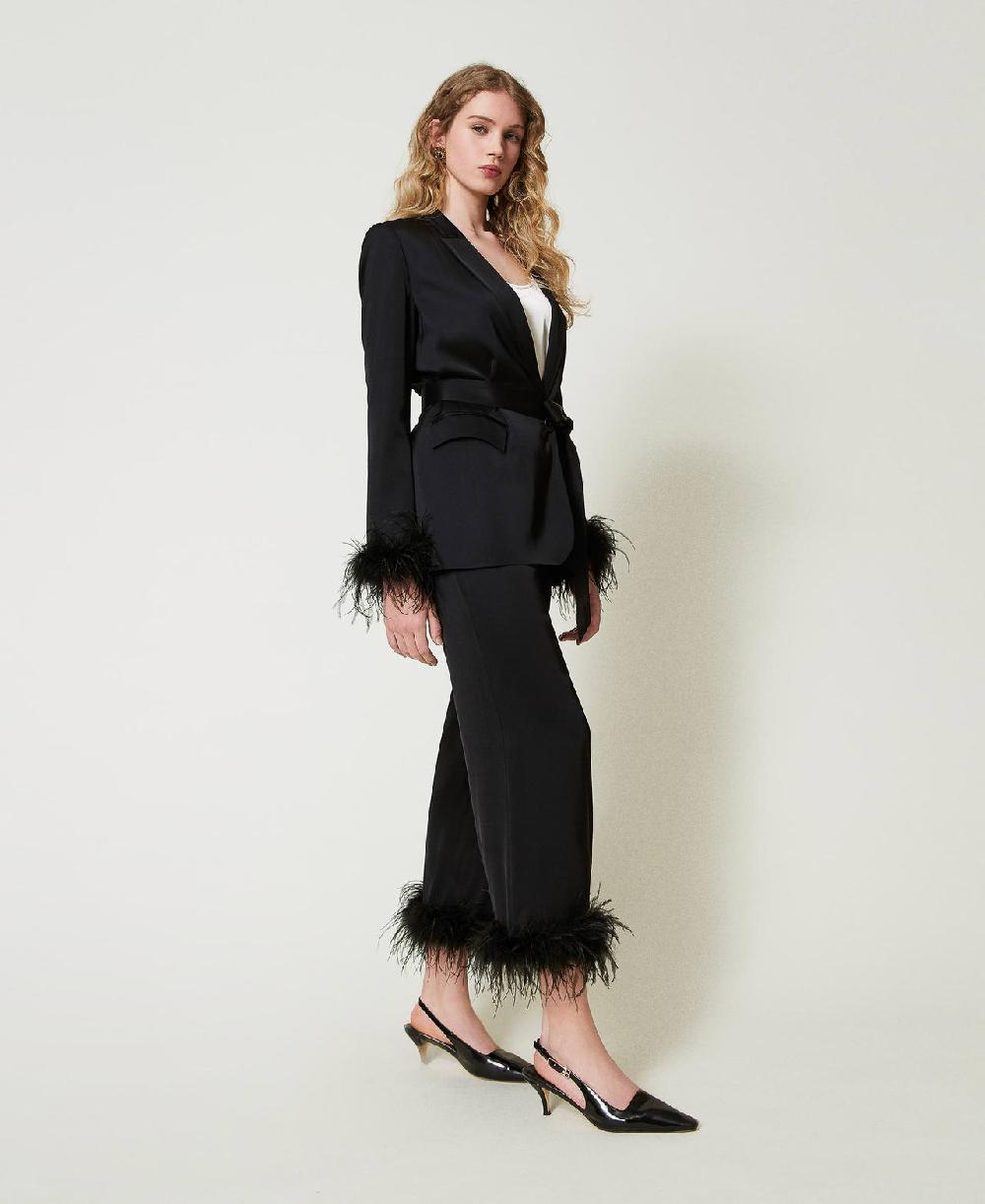 Scee by twin set Pantaloni in raso con piume Grande vendita