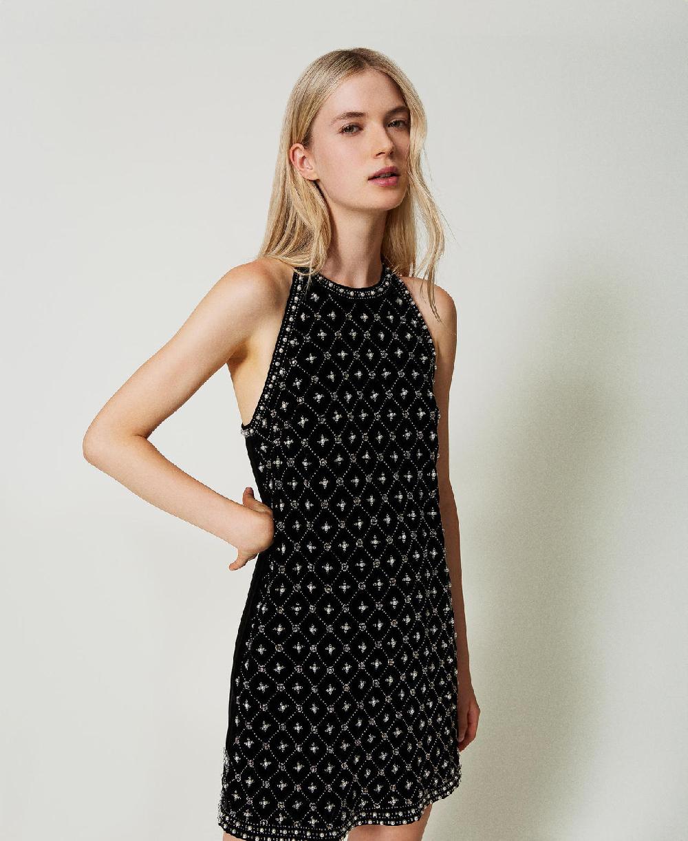 Scee by twin set Abito corto halter in velluto ricamato Vendita calda