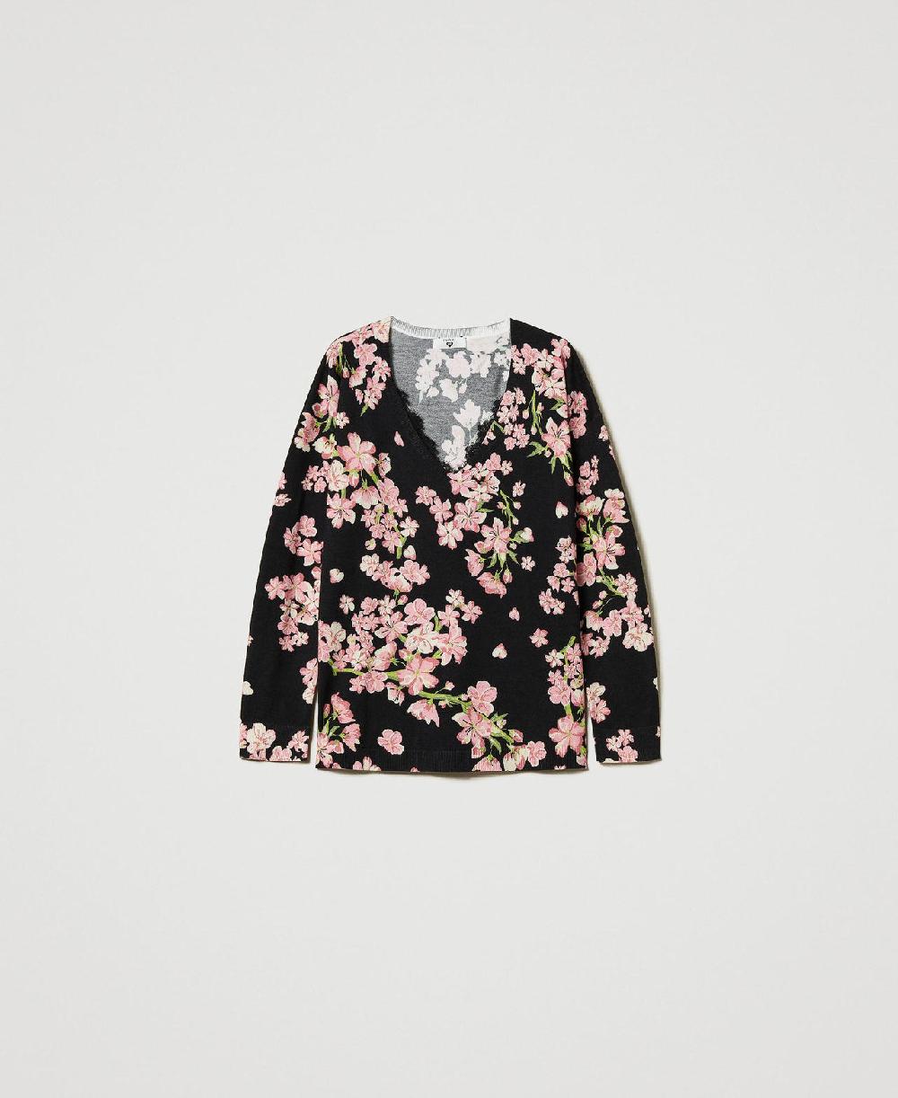 Scee by twin set Maglia con stampa a fiori e pizzo Offerte esclusive