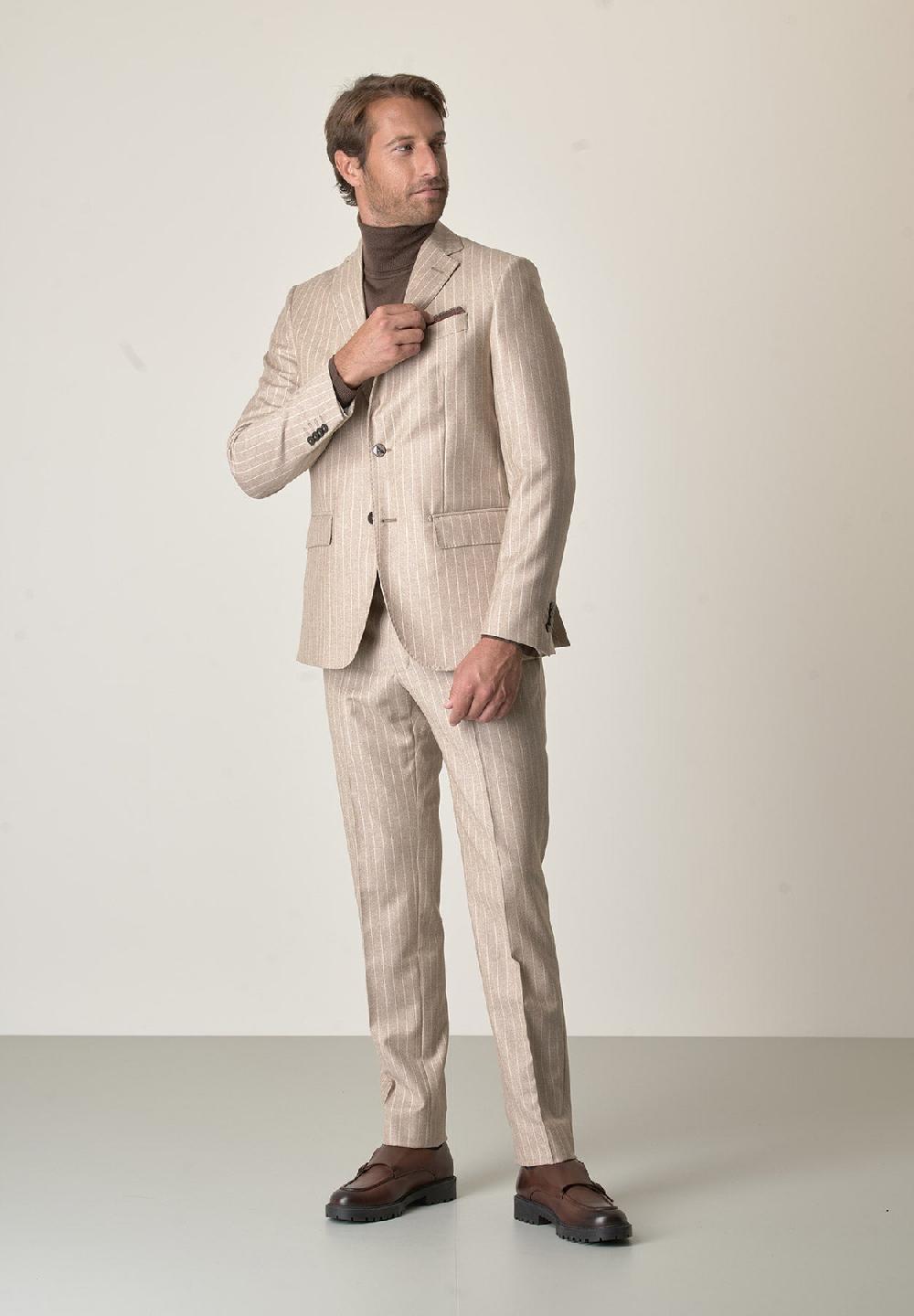 Angelico Abito beige gessato flanella lana vergine custom fit Spedizione gratuita