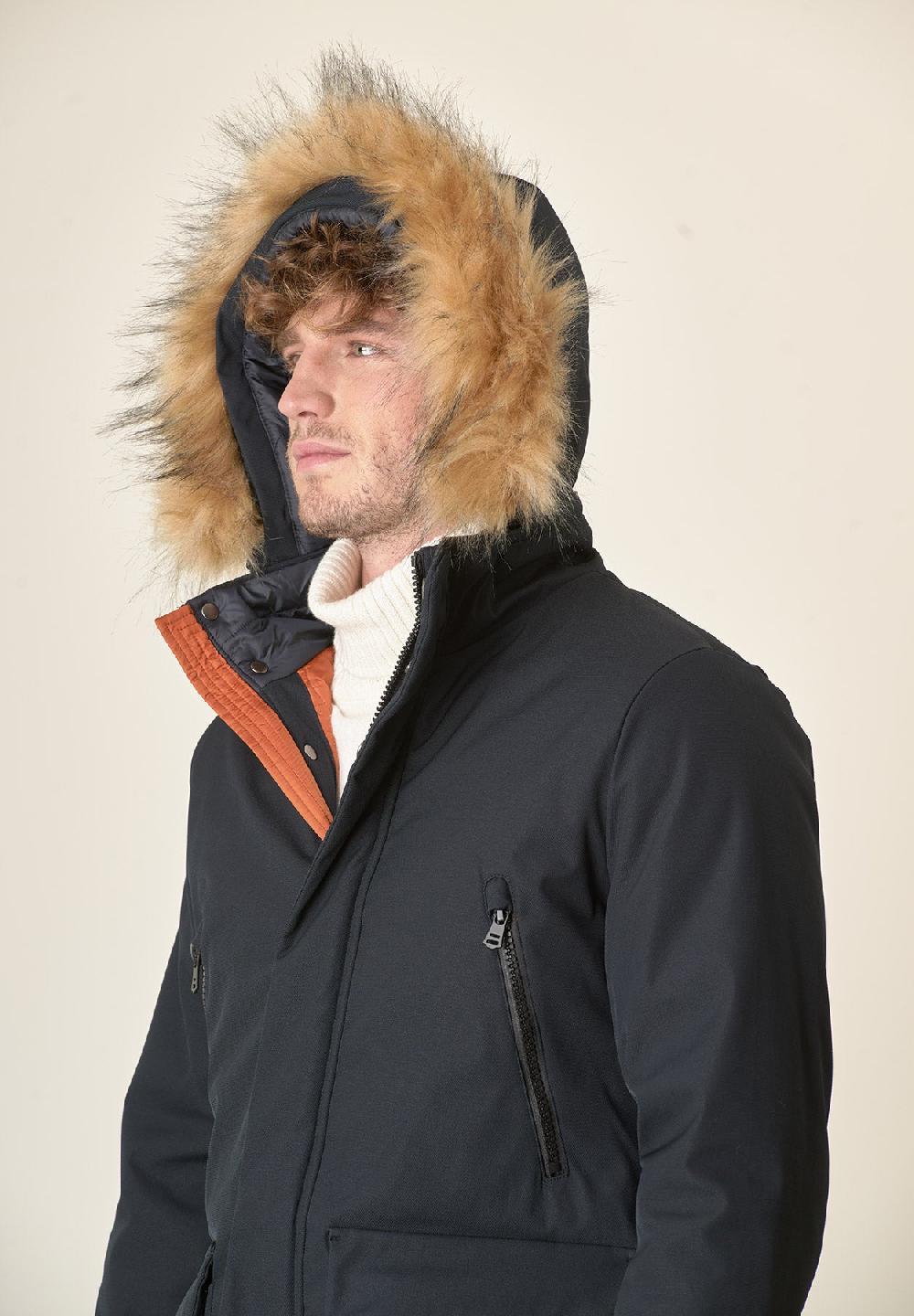 Angelico Parka blu navy pelliccia staccabile Nuovo