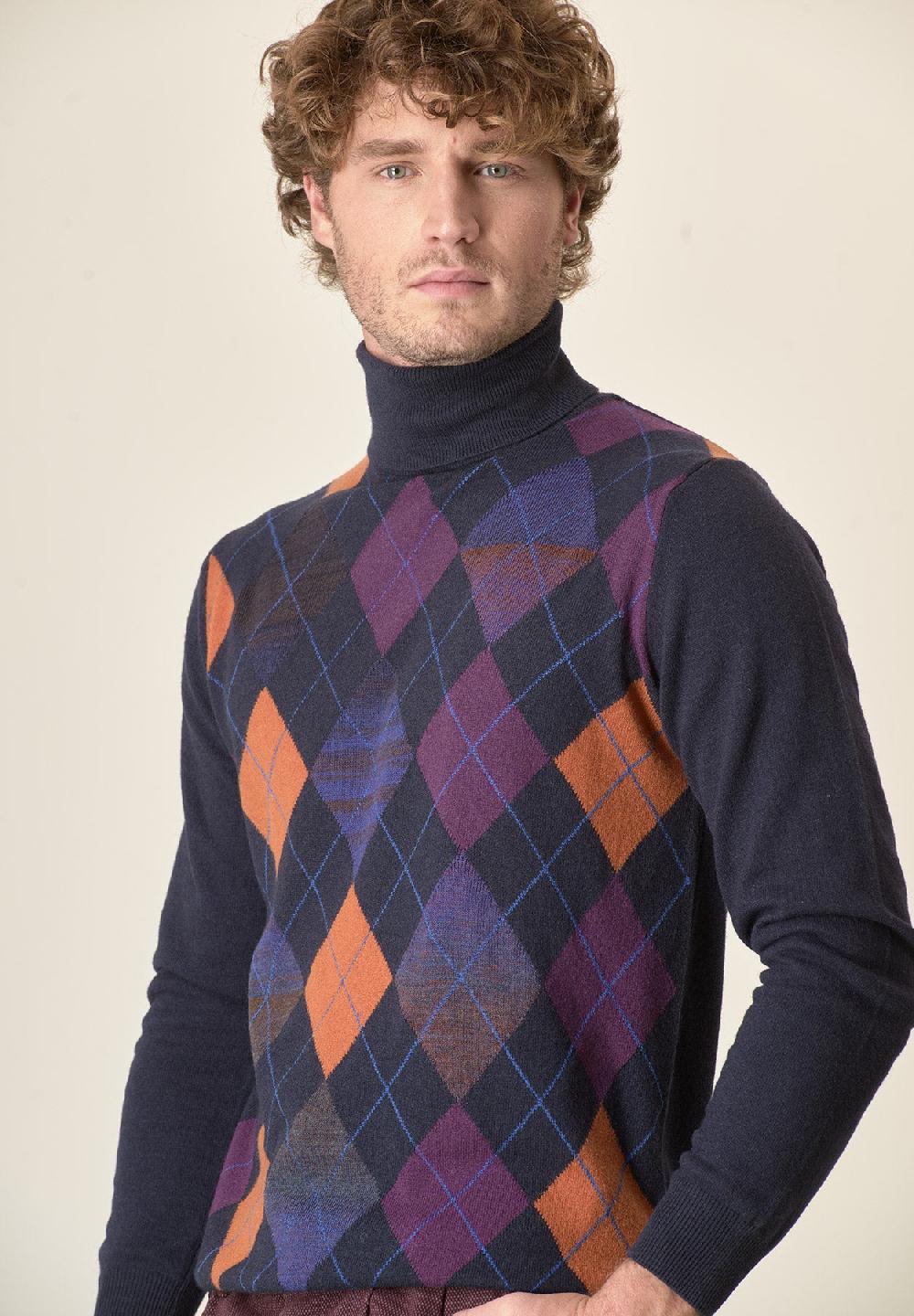 Angelico Dolcevita blu motivo rombi misto cashmere Sconto