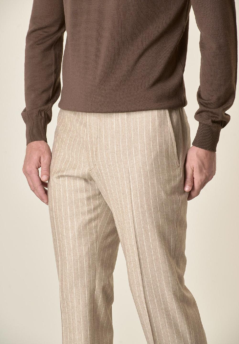 Angelico Pantalone beige gessato lana vergine custom fit Economico