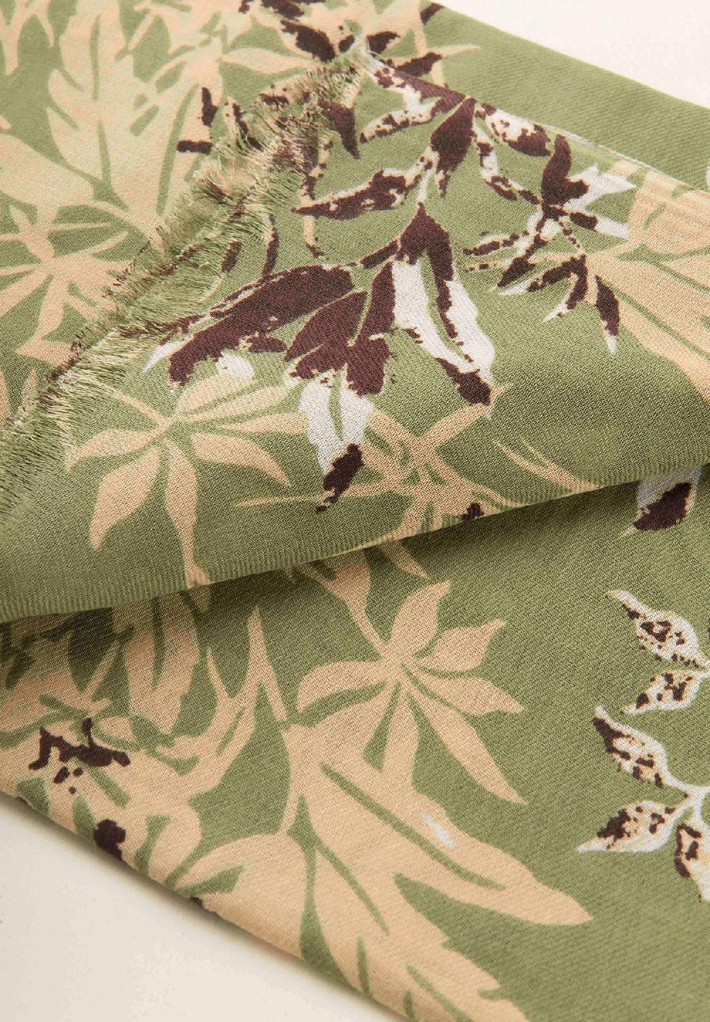 Angelico Sciarpa verde fantasia floreale lana cotone frange Fornitura limitata