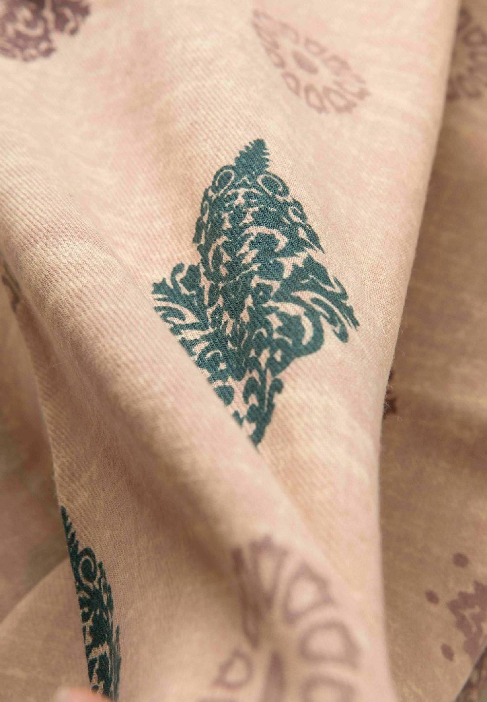 Angelico Sciarpa beige verde fantasia astratta cotone lana frange Offerta temporanea