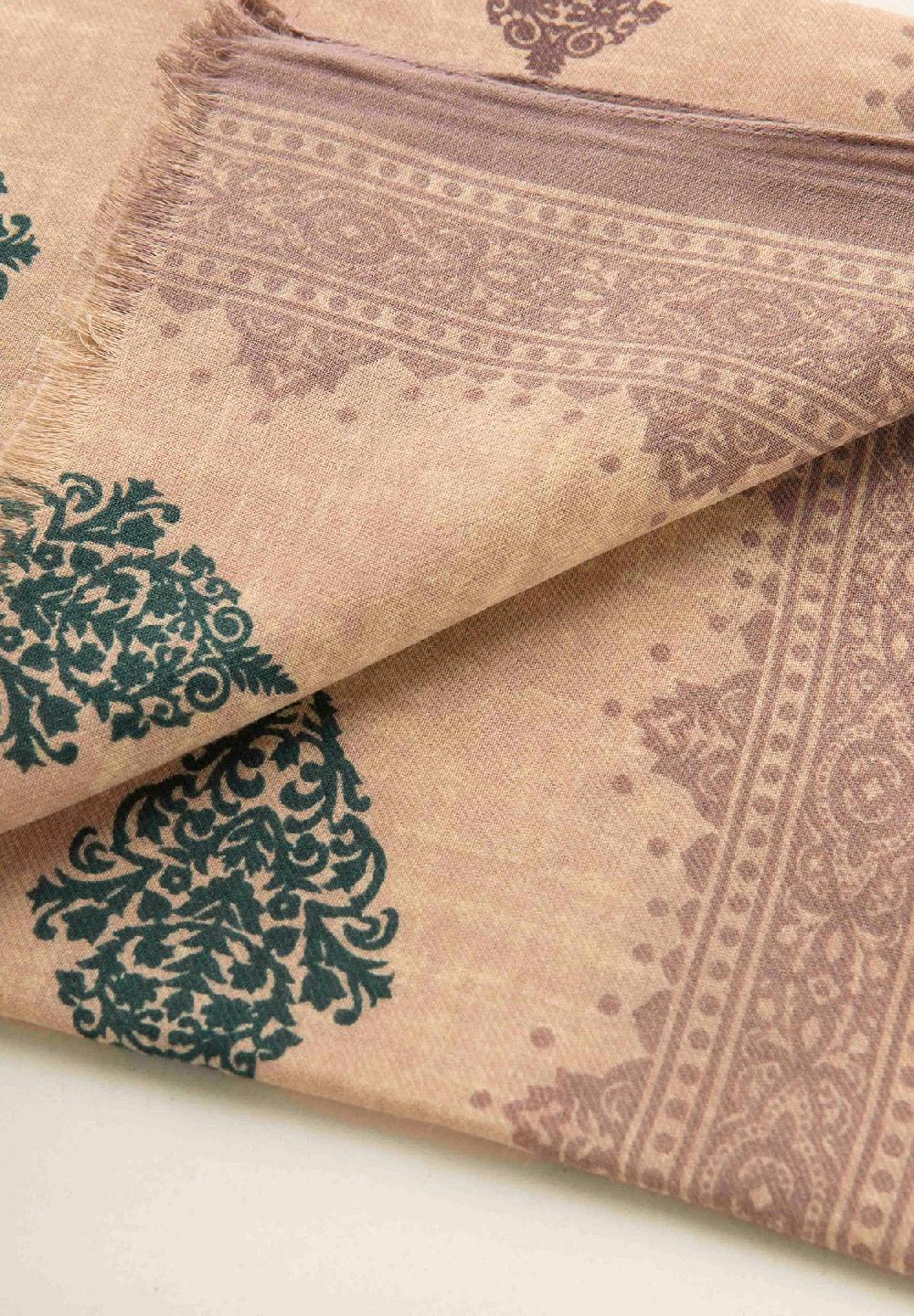 Angelico Sciarpa beige verde fantasia astratta cotone lana frange Offerta temporanea