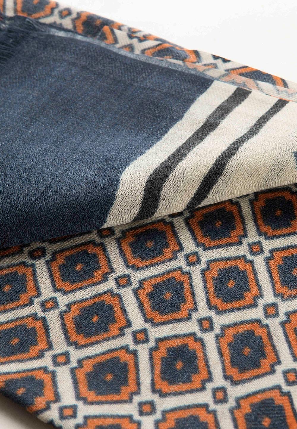 Angelico Sciarpa panna fantasia blu arancione lana frange Offerte esclusive