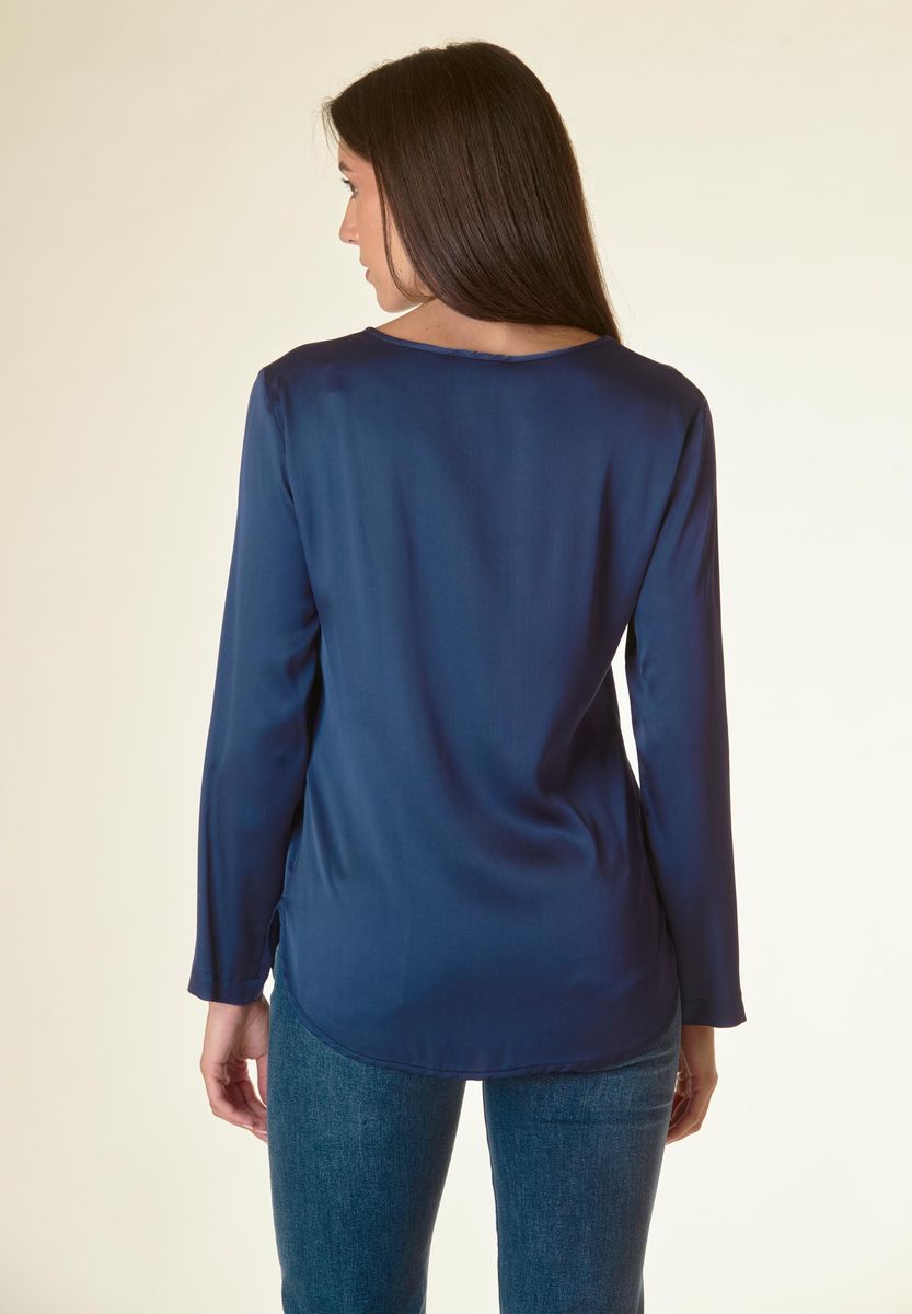 Angelico Blusa blu manica lunga raso viscosa Vendita Economica
